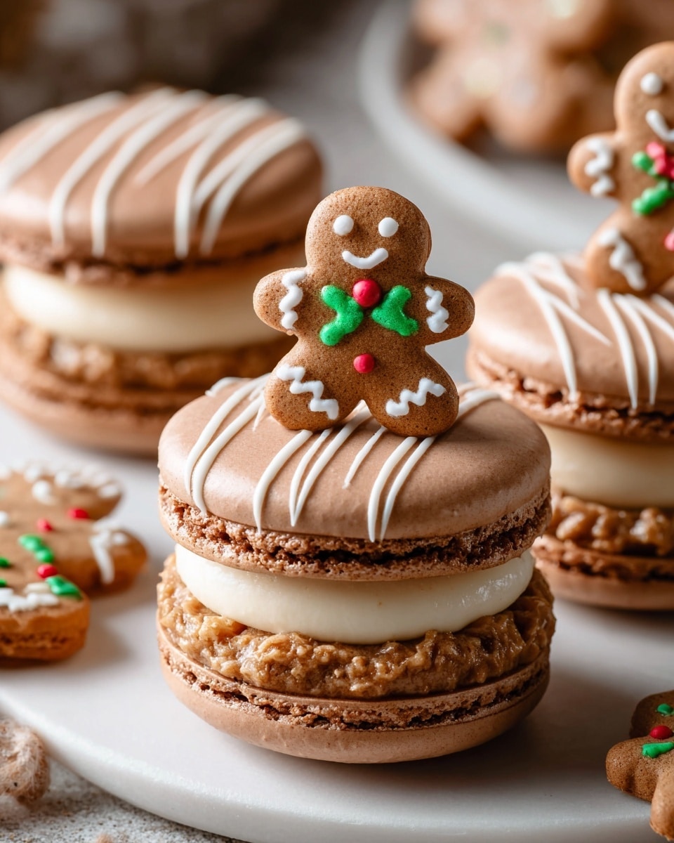 The image shows several three-layered macarons on a white plate placed on a white marbled surface. Each macaron has a top and bottom light brown shell with a smooth texture and a slight crisp edge. The middle layer is made of two fillings: the bottom filling is a textured caramel or nut spread with small nut pieces visible, and the top filling is a smooth, creamy white swirl. The top shell is decorated with white icing stripes, and one macaron is topped with a small gingerbread man cookie decorated with red, white, and green icing, holding green holly leaves on one side. The overall look is festive and detailed. Photo taken with an iphone --ar 4:5 --v 7