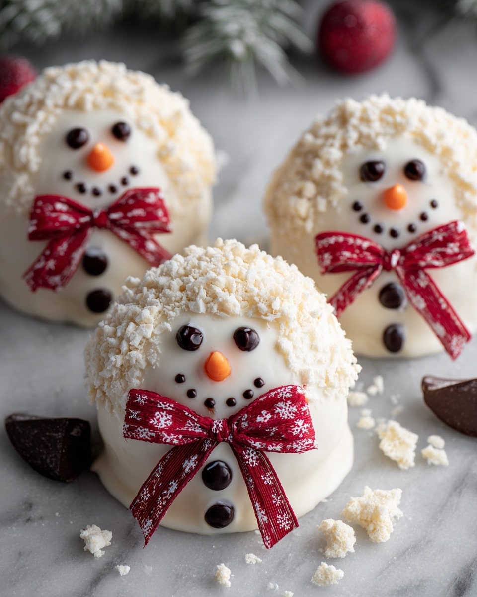 Three round snowman-shaped treats sit on a white marbled surface, each covered in smooth white icing. The top half of each treat is decorated with a layer of crumbly white sprinkles resembling snow. Each snowman has two small black candy eyes, a small orange candy carrot nose, and a curved smile made from tiny black candies. Below the face, a red bow made of thin ribbon with white snowflake patterns is placed like a scarf, and two black buttons made of candy are positioned on their front side. Around the base of each treat are scattered crumbly bits of white topping and a single dark chocolate kiss near the front. The photo taken with an iphone --ar 4:5 --v 7