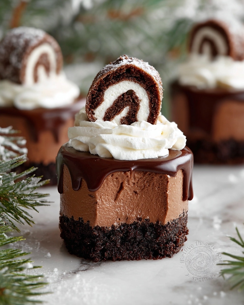 The image shows a small dessert with four main layers standing on a white marbled surface. The bottom layer is a dark, crumbly cake base with a rough texture. Above that is a smooth, thick milk chocolate mousse layer with tiny holes. The sides are coated with a glossy dark chocolate shell that has slight ripples. On top, there is a soft, white whipped cream layer that looks light and fluffy. Sitting on the whipped cream is a small rolled chocolate cake piece with dark brown and white swirled layers. The background has a soft, blurred look with green pine branches dusted with white, giving a winter feel. Photo taken with an iphone --ar 4:5 --v 7