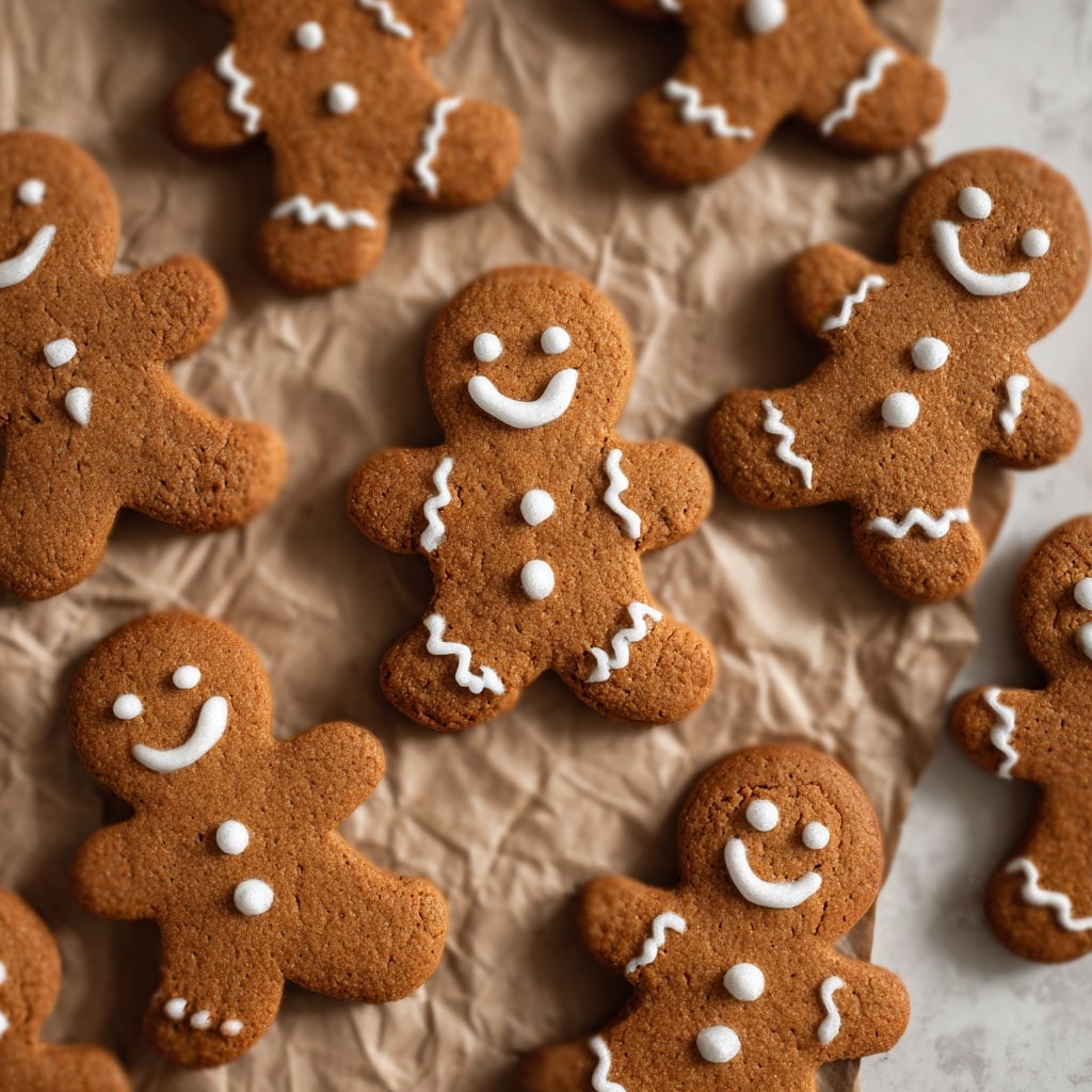 The image shows many brown gingerbread man cookies spread out on crumpled brown parchment paper placed on a white marbled surface. Each cookie is decorated with simple white icing, forming eyes, smiley faces, buttons, and zigzag lines on arms and legs. The cookies vary in size but all have clear, smooth edges with a soft and chewy texture. The background colors and texture contrast softly with the warm brown of the cookies and bright white icing, creating a cozy, inviting feel. photo taken with an iphone --ar 4:5 --v 7