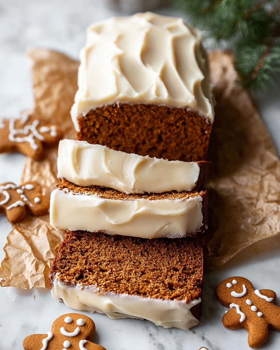 The image shows a loaf of moist brown gingerbread cake with three thick slices cut on top, each slice having a layer of creamy white icing covering the top edge. The main loaf is fully covered in the same smooth white icing, creating a thick, swirled texture on the sides and top. The cake sits on crumpled brown paper, with small gingerbread men cookies with white icing details placed around it. The background is a white marbled texture with a sprig of green herb visible in the top right corner. photo taken with an iphone --ar 4:5 --v 7