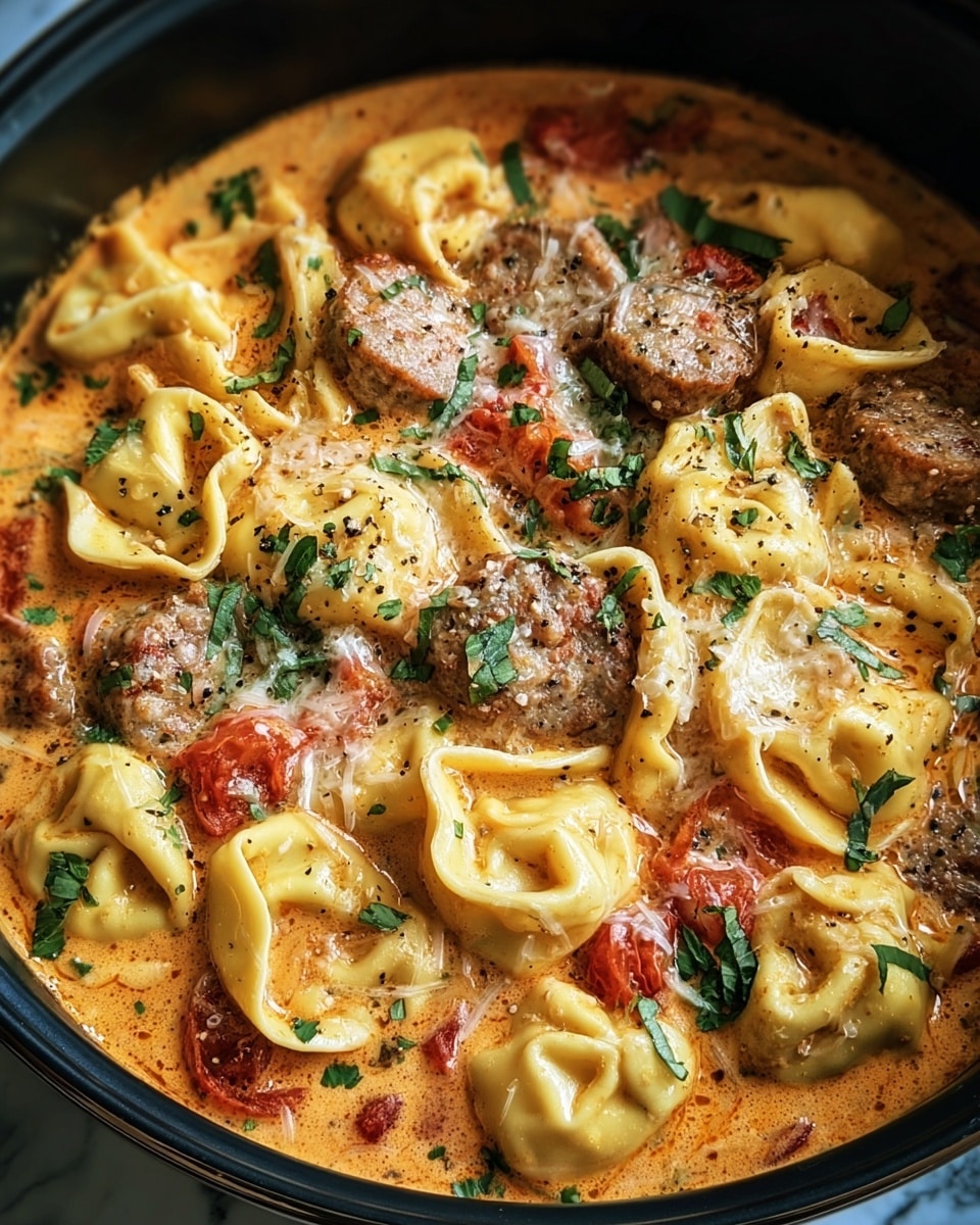 The image shows a close-up of a creamy pasta dish inside a black pot. The dish has two main layers: the bottom layer is a creamy orange sauce mixed with small pieces of cooked tomatoes, while the top layer has folded yellow tortellini pasta and browned sausage slices. There are small bits of fresh green herbs sprinkled evenly across the dish, and melted cheese is lightly spread over the tortellini and sausage, adding a slightly stretchy texture. Black pepper is dusted on top for extra detail. The background surface is a white marbled texture. photo taken with an iphone --ar 4:5 --v 7