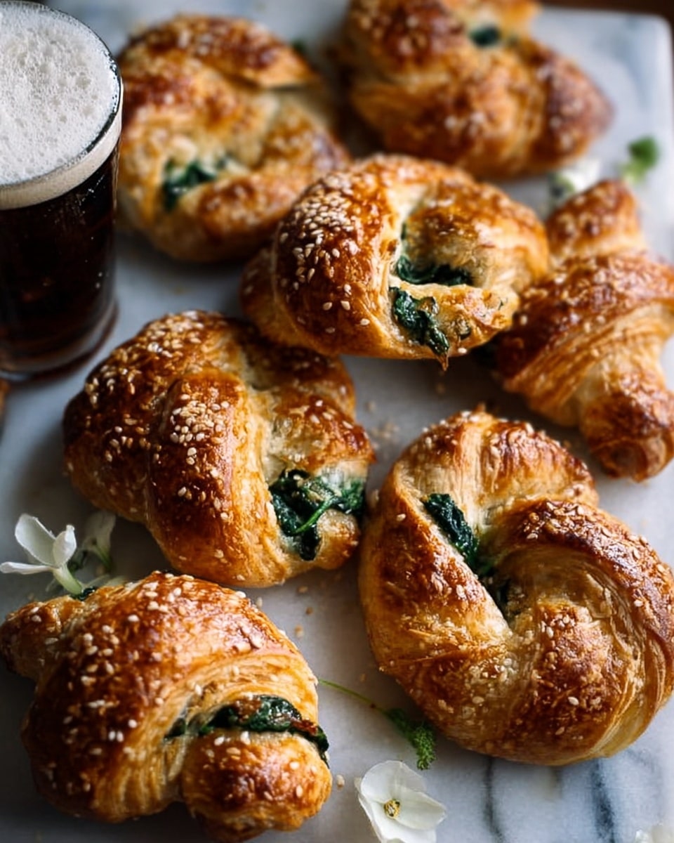 The image shows several golden-brown croissants with a shiny, crispy crust sprinkled with sesame seeds, arranged closely together on a white marbled surface. Each croissant is twisted, with visible layers of pastry, and some have green leafy spinach peeking through the folds. Scattered around the croissants are delicate white flower petals, adding a soft, decorative touch. A glass of dark beer with a thick frothy head is placed on the left side of the frame. The overall lighting highlights the warm, flaky texture of the croissants and creates a cozy, inviting feel. Photo taken with an iphone --ar 4:5 --v 7