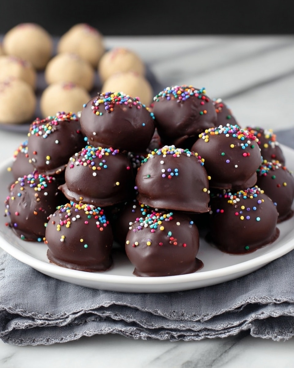 A white plate filled with round chocolate truffles, each covered in dark, smooth chocolate coating with some topped with small, colorful round sprinkles in red, yellow, green, blue, and purple. The truffles are arranged in a slightly uneven layer, with a few light beige truffles visible in the background. The plate sits on a folded, grayish-blue cloth with a detailed edge, and the whole scene is set against a white marbled surface with a simple dark background. Photo taken with an iphone --ar 4:5 --v 7