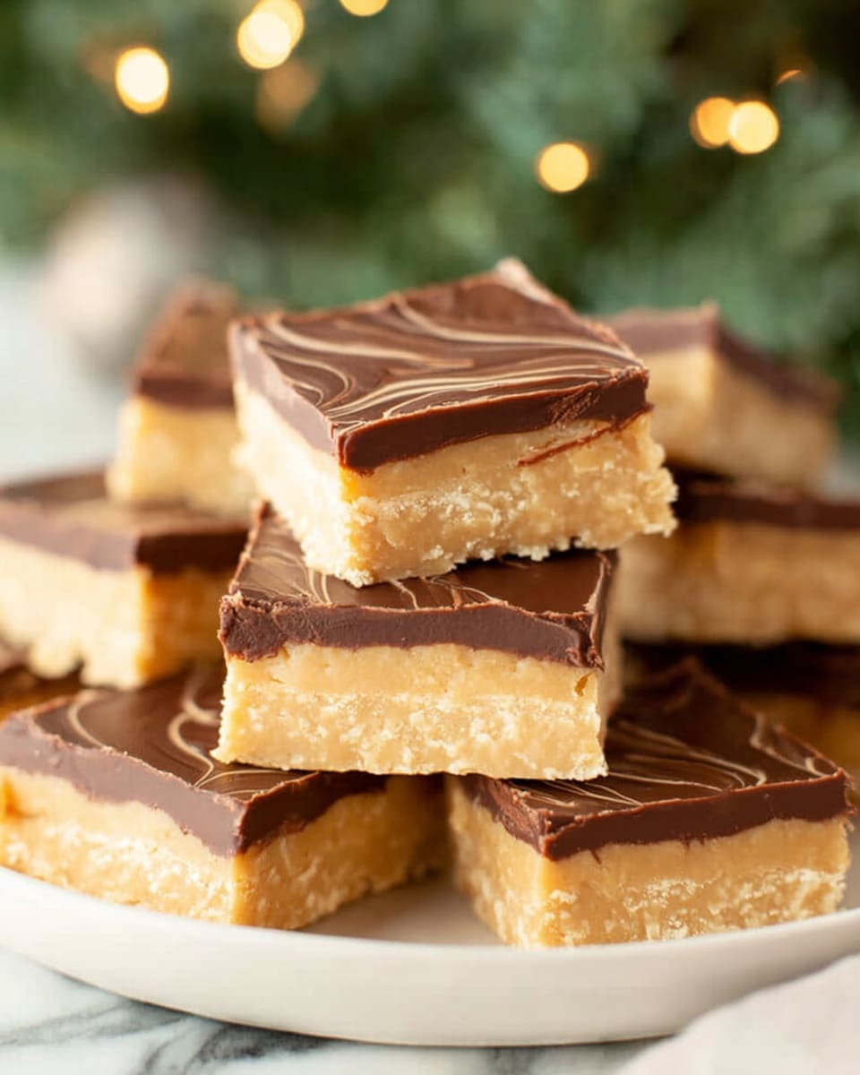 A close-up of several square dessert bars stacked on a white plate, each with two layers: a thick, light tan bottom layer that looks creamy and fudge-like with a slightly rough texture, and a thinner, smooth dark chocolate layer on top with a shiny finish and subtle swirl patterns. The background features blurred green pine branches and lights with a white marbled texture beneath the plate. photo taken with an iphone --ar 4:5 --v 7