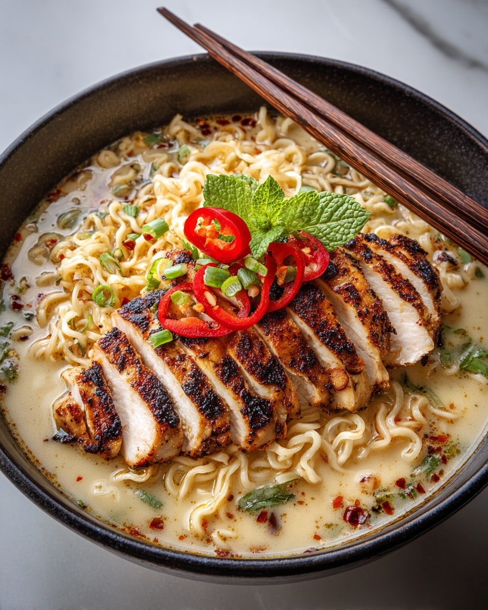 A white bowl filled with creamy broth and curly ramen noodles as the base layer, light beige with herbs and chili flakes floating on top, in the center lies a layer of grilled chicken breast, sliced into six thick pieces showing a golden-brown charred texture and juicy white meat inside, topped with bright red chili slices, green onion rings, and fresh mint leaves, a pair of wooden chopsticks rest on top of the bowl, all placed on a white marbled surface, photo taken with an iphone --ar 4:5 --v 7