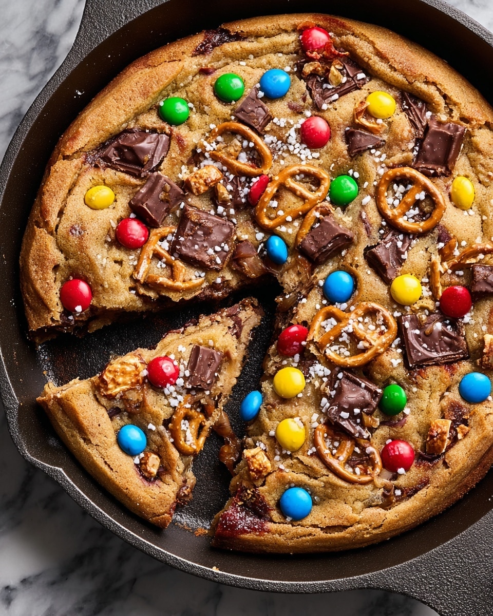 A thick, golden-brown cookie pizza with a slightly cracked surface sits in a black cast iron pan on a white marbled texture. The cookie is topped with several bright red, yellow, green, and blue candy-coated chocolates, large broken dark chocolate chunks, crunchy pretzels, and scattered small white round sprinkles. One large slice has been cut and partially pulled out, showing the thick, soft, and chewy inside that has bits of candy and chocolate embedded throughout. The contrast of the warm cookie base with colorful toppings creates an inviting and fun look. photo taken with an iphone --ar 4:5 --v 7