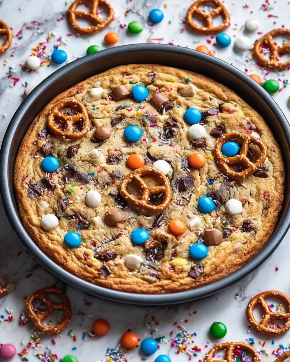 A large round cookie cake is shown in a black pan, placed on a white marbled surface scattered with colorful sprinkles and candy-coated chocolate pieces. The cookie has a golden-brown base with a slightly crisp edge and is studded with chocolate chunks and white chocolate bits. The top is decorated with colorful candy-coated chocolates in blue, white, orange, and green, and several pretzels are placed on top, giving texture and contrast with their shiny, salted brown surface. The sprinkles add small pops of rainbow color across the cookie and background. photo taken with an iphone --ar 4:5 --v 7