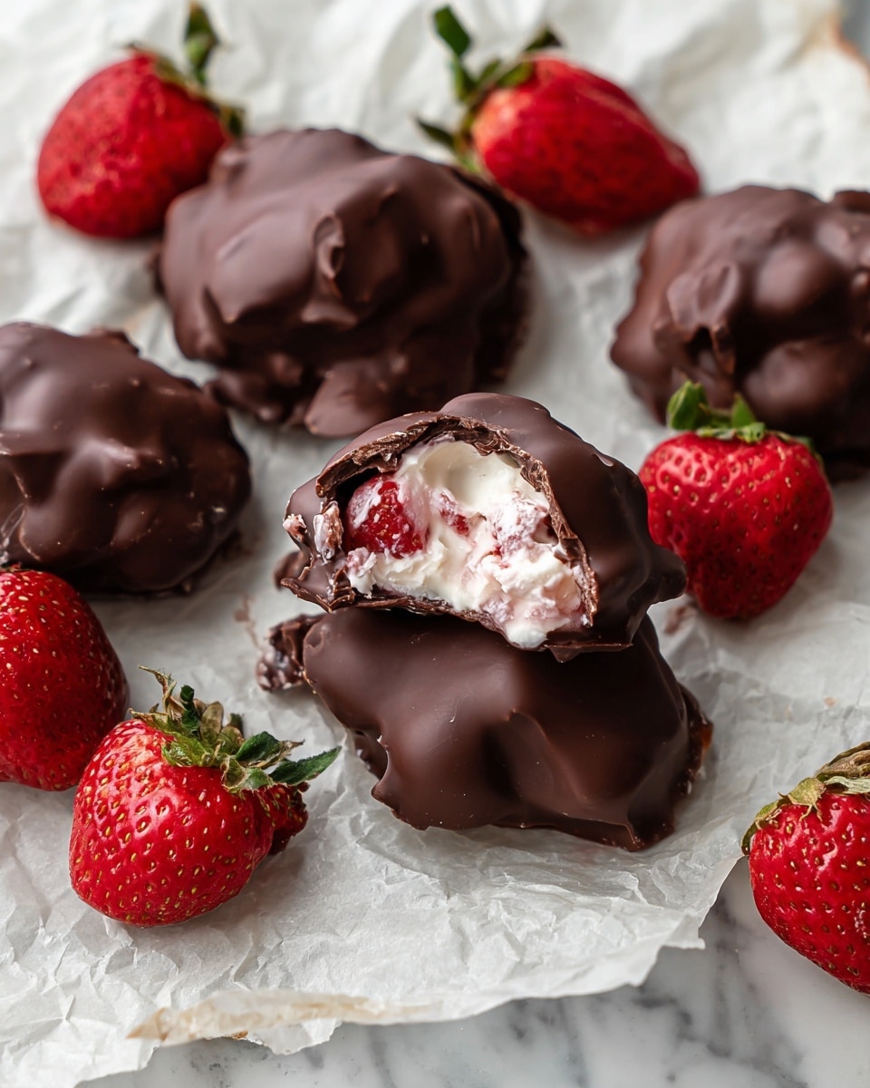 The image shows several chocolate-covered clusters sitting on crinkled parchment paper. The clusters have a thick, smooth layer of dark chocolate on the outside with rough, uneven shapes. One cluster is broken open, revealing a creamy white and pink filling with visible pieces of strawberries inside. Surrounding the clusters are fresh, bright red strawberries with green leaves, adding a fresh contrast to the chocolate. The whole scene is set against a white marbled surface, giving a clean and simple background. photo taken with an iphone --ar 4:5 --v 7