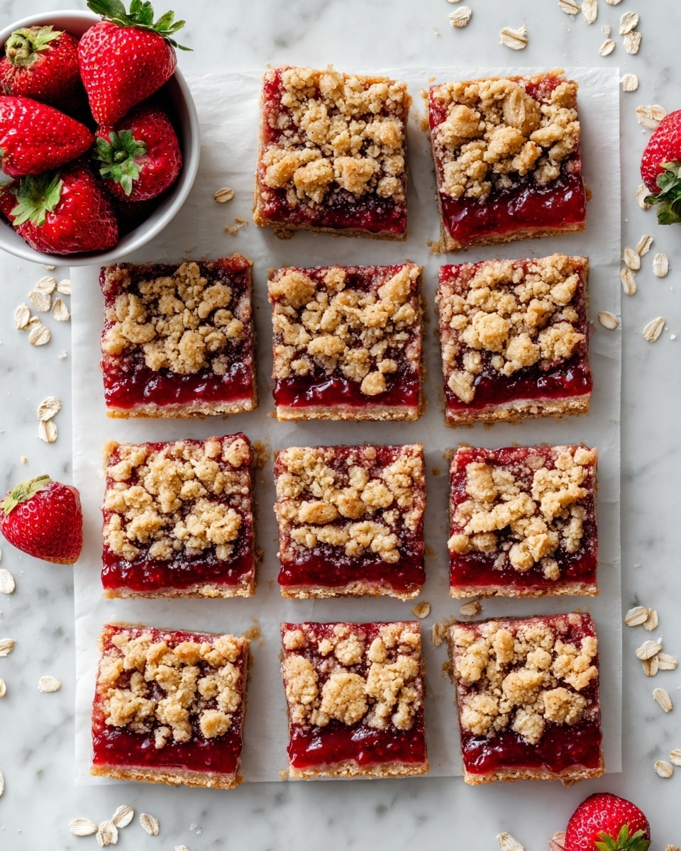 The image shows fifteen square berry crumble bars arranged neatly in three rows and five columns on white parchment paper atop a white marbled surface. Each bar has three visible layers: a light golden brown crumbly base, a thick middle layer of bright red berry jam with shiny, slightly uneven texture, and a top layer of coarse, chunky golden brown crumble pieces. To the top left, a small white bowl holds fresh whole and halved strawberries with bright red color and green leaves. A few oat flakes are scattered around the bars. The lighting highlights the textures and colors vividly, creating an inviting and fresh look. Photo taken with an iphone --ar 4:5 --v 7