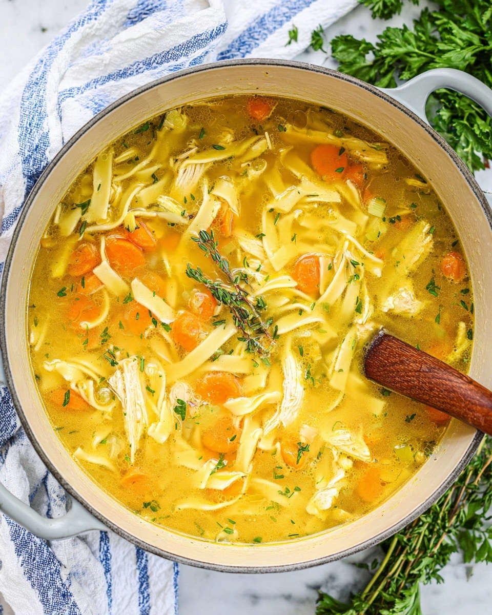 A large pot filled with chicken noodle soup sits on a white marbled texture surface. The soup has a golden-yellow clear broth with thin, flat, pale yellow noodles swirling through it. Chunks of bright orange carrots, light beige shredded chicken, and small green herbs float in the broth. A single fresh green thyme sprig lays on top for garnish. The pot is light gray with a silver handle partially visible, and a wooden spoon handle is resting inside the soup on the right side. Fresh green parsley sprigs surround the pot on the white marbled surface along with a folded white and blue striped towel. photo taken with an iphone --ar 4:5 --v 7