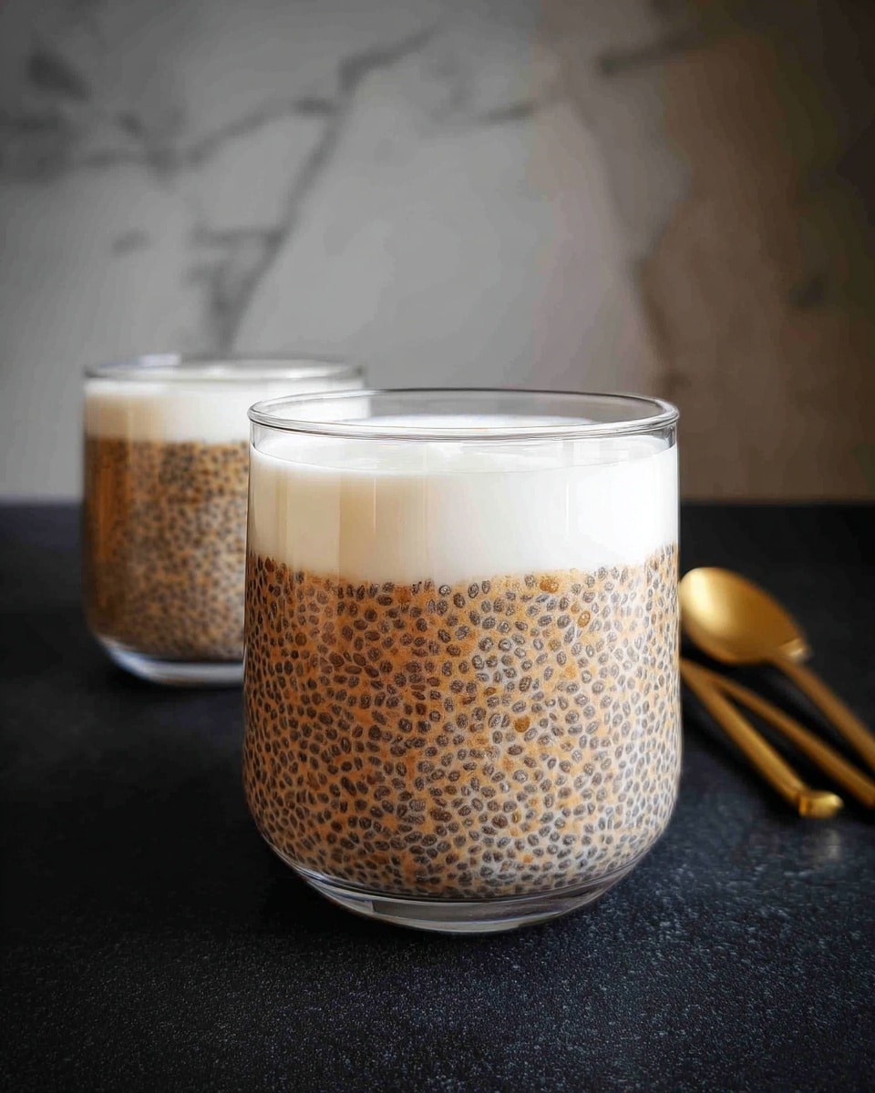 The image shows two clear glass cups filled with a two-layered dessert placed on a dark surface with a white marbled background. Each cup has a bottom layer of light brown chia pudding speckled with black chia seeds, making a textured appearance. The top layer is a thick, smooth, white cream or yogurt filling about one-third of the cup's height. One glass is closer to the camera and sharply in focus, while the other is slightly blurred in the background. To the right, there are three golden spoons lying on the dark surface beside the glasses. photo taken with an iphone --ar 4:5 --v 7