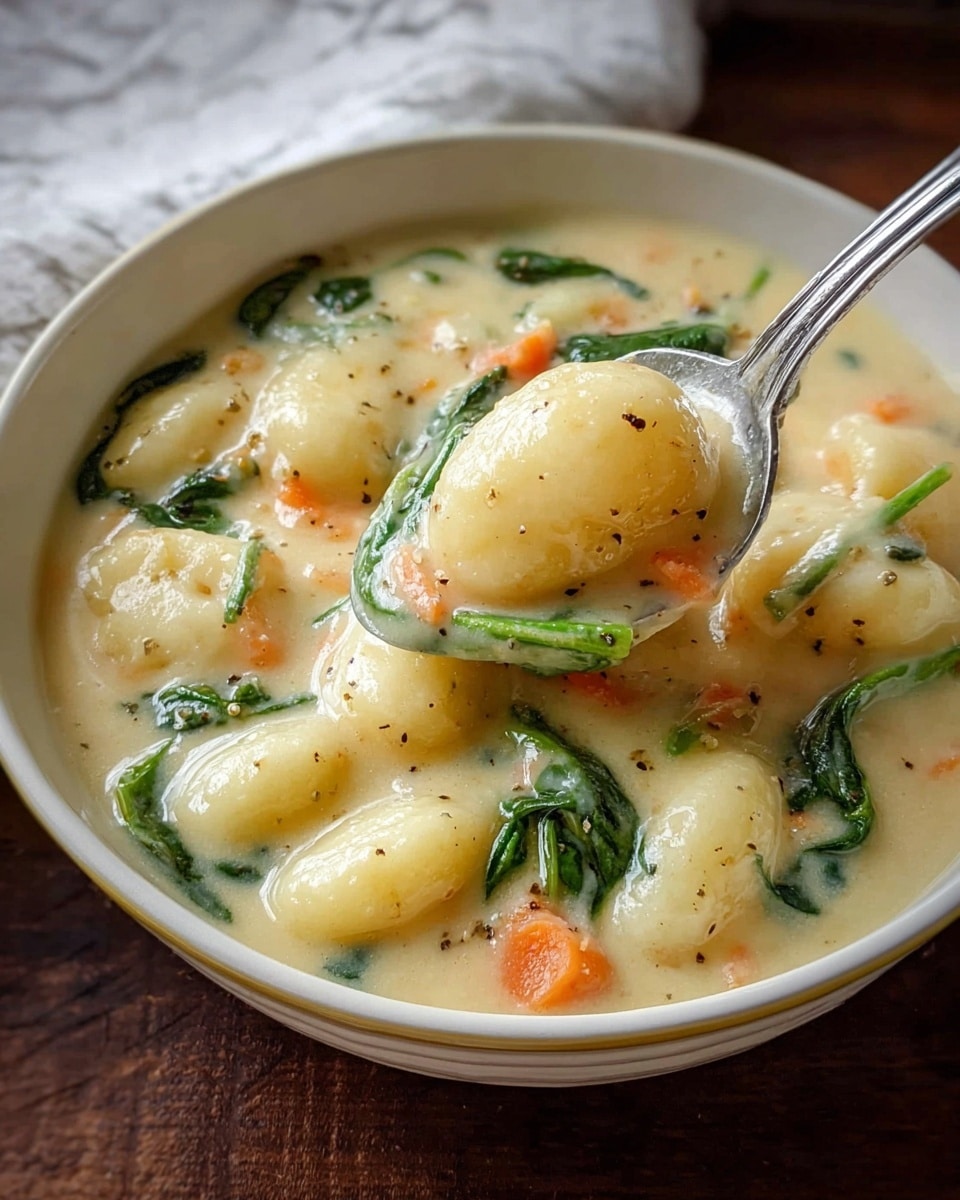 A close-up view of a thick, creamy soup in a white bowl, filled with soft, plump gnocchi that are pale yellow and slightly glossy, mixed with small orange carrot pieces and vibrant green spinach leaves. The soup base is light beige with visible specks of black pepper and herbs, giving it a rich, smooth texture. A silver spoon lifts a large gnocchi piece with some soup, showing the soup’s creamy consistency and the fresh ingredients inside. The scene is set on a dark wooden surface with a white marbled texture cloth in the background. photo taken with an iphone --ar 4:5 --v 7