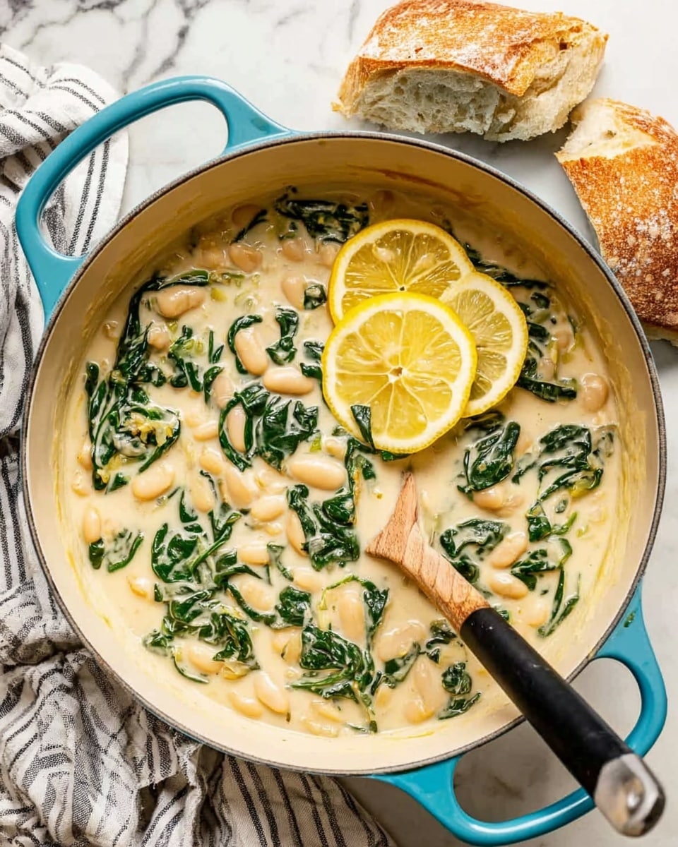 The image shows a light blue pot filled with creamy white soup that has visible white beans and dark green spinach leaves spread throughout. There are two bright yellow lemon slices placed on top near the edge of the pot. A wooden spoon with a black head is dipped into the soup on the right side of the pot. Next to the pot, there are two pieces of crusty bread with a golden brown crust. The pot is sitting on a white marbled surface with a striped cloth partially underneath it. Photo taken with an iphone --ar 4:5 --v 7