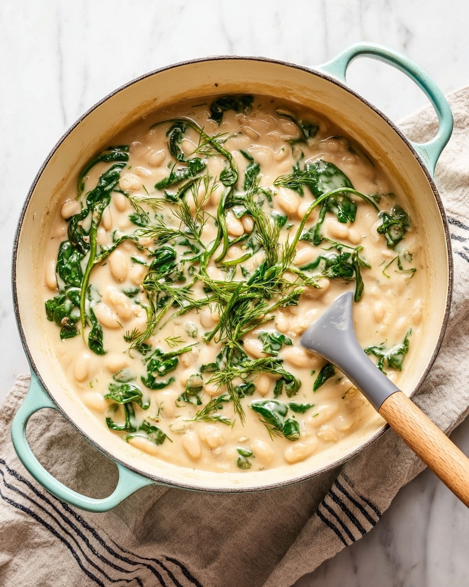 A white pot with light teal handles holds a creamy dish made of small white beans and fresh green spinach leaves, all mixed in a thick beige sauce with a smooth texture and some small bubbles. Bright green dill sprigs are scattered on top, adding a fresh, delicate touch. A gray silicone spoon with a light wood handle is dipping into the pot on the right side. The pot sits on a soft beige cloth with thin dark stripes, all placed on a white marbled surface. photo taken with an iphone --ar 4:5 --v 7