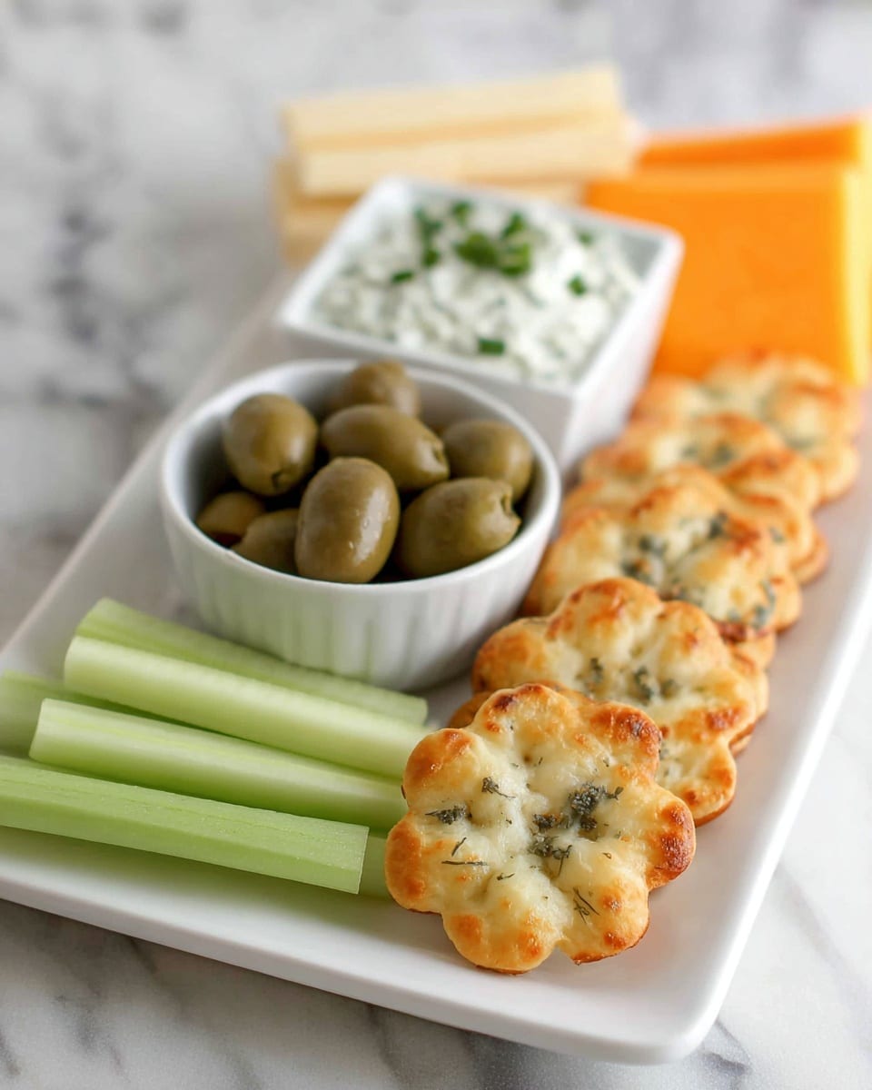 A white rectangular plate on a white marbled surface holds a colorful snack arrangement. On the left side of the plate are stacked celery sticks in light green color. Next to the celery is a small white bowl filled with green olives, some pitted and some stuffed. In the center back, a small white square bowl contains a creamy white dip topped with small green chopped herbs. On the right side of the plate, there is a neat row of about ten golden-brown flower-shaped crackers with visible green herb spots baked into them. In the background, slices of orange cheddar cheese and pale yellow cheese are layered, slightly blurred. photo taken with an iphone --ar 4:5 --v 7