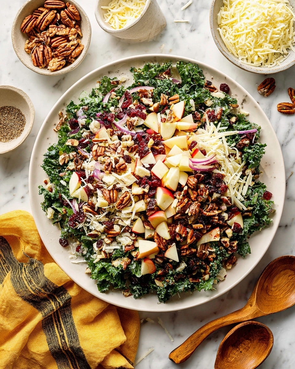 A large white plate holds a fresh salad with three main layers: the base layer is dark green, curly kale leaves; the middle layer is a mix of light red and white apple chunks, thinly sliced light purple onions, and small dark red dried cranberries; the top layer is a crunchy mix of toasted nuts and seeds including pumpkin seeds and chopped pecans with some light beige shredded cheese scattered over all. Around the plate, there are small white bowls with extra shredded cheese and spices, some wooden utensils, and a folded yellow cloth with black stripes on a white marbled surface. Photo taken with an iphone --ar 4:5 --v 7