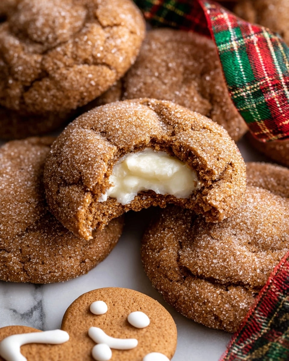 The image shows several round cookies with a soft, sugar-coated brown surface, each cookie featuring a slight indentation in the center. One cookie is partially bitten, revealing a white, creamy filling inside. The cookies have a rough, sugary texture on top, and they are placed close together on a white marbled surface. Around them, there is a piece of green, red, and gold plaid ribbon adding a festive touch, and in the background, part of a gingerbread cookie with white icing detail is visible. Photo taken with an iphone --ar 4:5 --v 7