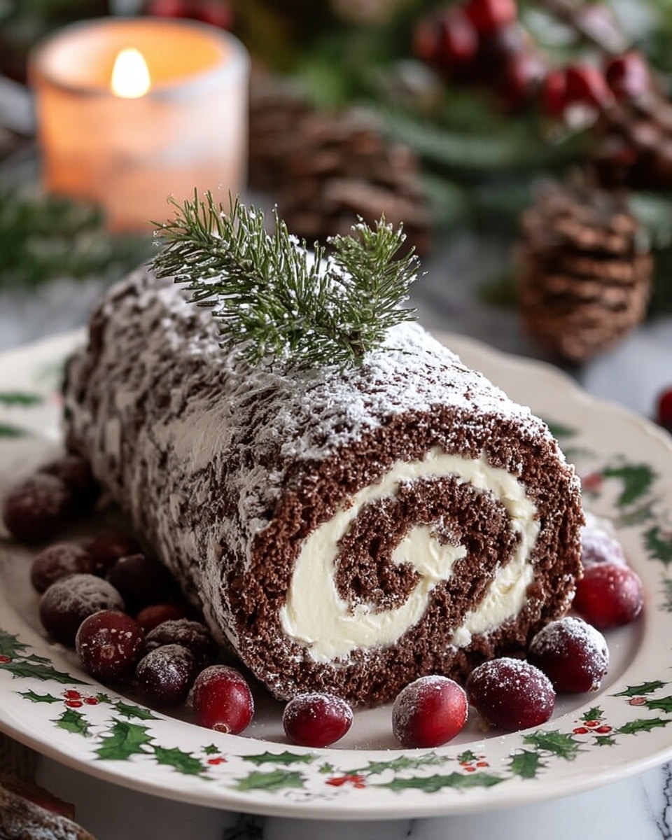 A chocolate roll cake has three visible layers: a dark brown outer layer with a rough texture dusted with powdered sugar, a thick cream-colored middle layer, and a dark brown cake spiral inside, all rolled tightly together. The cake sits on a white plate decorated with green holly leaves and red berries. Around the cake on the plate are bright red cranberries and a small green pine branch dusted lightly with powdered sugar. The background is a white marbled texture with a soft glowing candle and blurred pinecones and branches. Photo taken with an iphone --ar 4:5 --v 7
