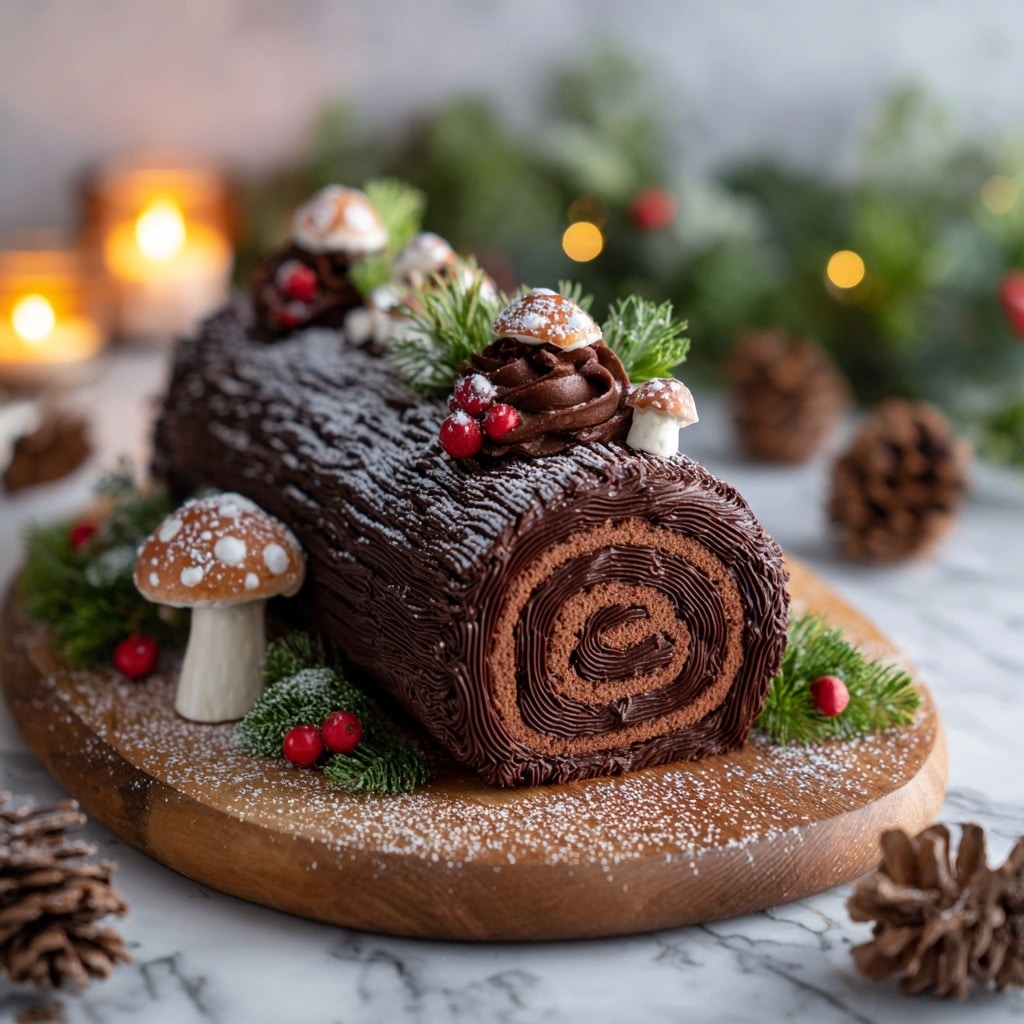 The image shows a chocolate Yule log cake resting on a round wooden board, covered with a thick swirl of smooth, dark chocolate frosting rolled into a log shape with visible spiral layers inside. The outside is textured with a bark-like pattern of chocolate. The log is dusted with powdered sugar, mimicking snow, and decorated on top and around the base with small edible mushrooms made of white and brown textures, red berries, green pine leaves, and a few small pine cones, creating a festive winter look. The background is softly blurred with warm candlelight and more greenery and pine cones on a white marbled texture surface. Photo taken with an iphone --ar 4:5 --v 7