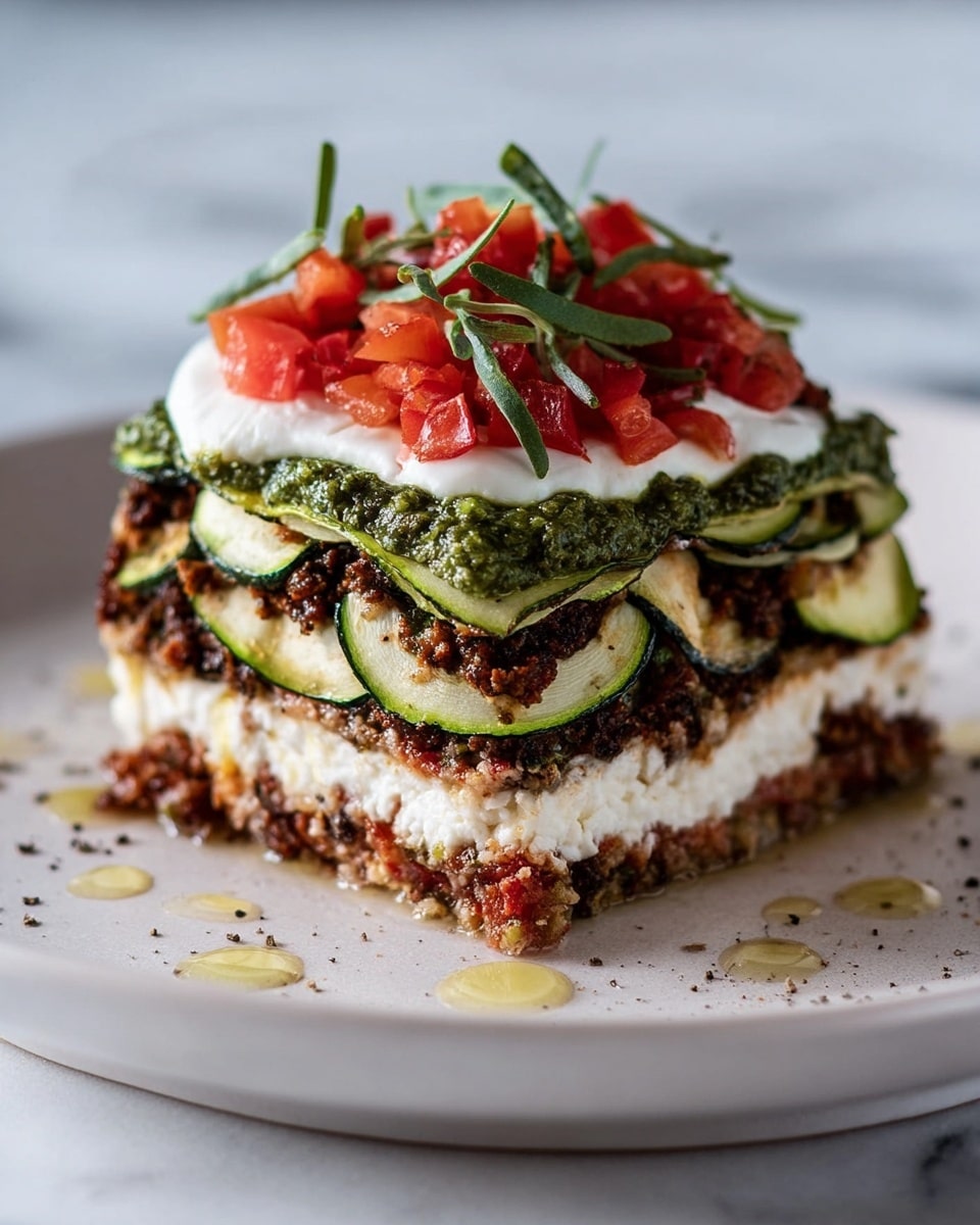 This dish is a layered stack with six visible layers on a white plate against a white marbled texture. The bottom layer is a rough-textured white base, topped by a dark brown, crumbly layer. Above that is a green pesto-like spread, followed by thin, pale green zucchini slices and a thin red tomato slice. This pattern repeats with white crumbly, dark brown crumbly, and green pesto layers. The top is finished with thin zucchini slices, a small dollop of white cream, chopped red tomatoes, and thin green strips garnished on top. Small drops of green oil and specks of ground black pepper surround the base on the plate. photo taken with an iphone --ar 4:5 --v 7
