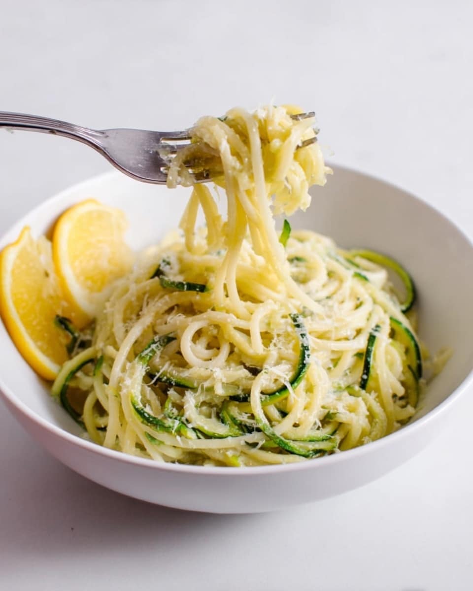 A white bowl sits on a white marbled surface filled with spiral-shaped pale yellow pasta mixed with green zucchini noodles. A fork lifts a small bundle of the noodles, showing their thin, spaghetti-like texture. Two lemon wedges with bright yellow skin rest on the side inside the bowl. The pasta looks lightly coated with a creamy sauce and sprinkled with fine white cheese on top. Photo taken with an iphone --ar 4:5 --v 7