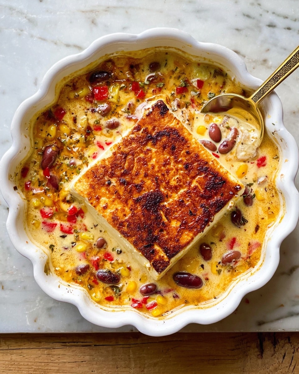 The image shows a white, scalloped-edged dish filled with a creamy, bubbling mixture. The center features a large, square piece of browned tofu with a golden crust on top. Surrounding it is a creamy sauce with visible pieces of red bell pepper, yellow corn, and dark brown beans. The sauce has a slightly frothy texture and is mixed with a rich yellow oil that adds a shiny look. A gold spoon rests inside the dish, scooping some of the creamy mixture. The dish is placed on a white marbled surface. Photo taken with an iphone --ar 4:5 --v 7