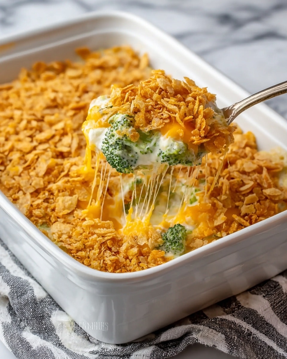 A white rectangular baking dish holds a layered casserole topped with a thick, crumbly golden cracker crust. The top layer has a rough texture of crushed crackers, crackly and uneven. Beneath, a creamy cheese sauce covers bright green broccoli pieces, with strands of melted cheese stretching as a spoon lifts a scoop. The broccoli is mixed inside a smooth, white creamy sauce that looks rich, with melted orange cheddar cheese blending on one side. The casserole has visible layers of crunchy topping, cheesy vegetables, and creamy sauce inside, all set against a white marbled surface with a grey-lined cloth partially visible. photo taken with an iphone --ar 4:5 --v 7