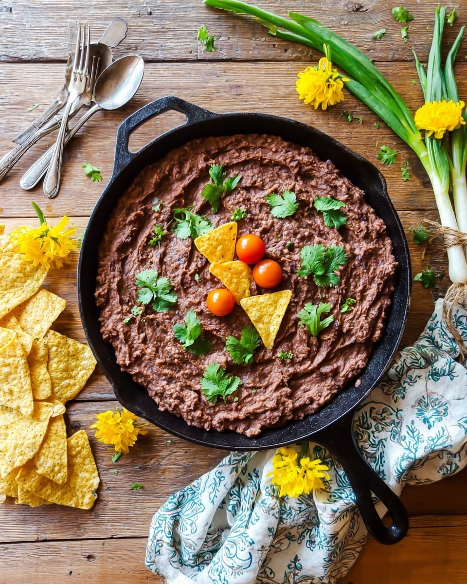 A black cast iron pan filled with a thick layer of mashed refried beans, dark reddish-brown in color, with a chunky, slightly textured surface. On top are scattered bright green cilantro leaves and small fresh herb sprigs along with two triangular yellow tortilla chips. Three small, round, bright orange cherry tomatoes are placed near the center along with two small yellow edible flowers. Around the pan, there are some tortilla chips and bright green onions with white roots bundled with a string, as well as a patterned cloth napkin with a silver spoon and fork resting on it. The setting is on a wooden table with a white marbled texture subtly visible. photo taken with an iphone --ar 4:5 --v 7