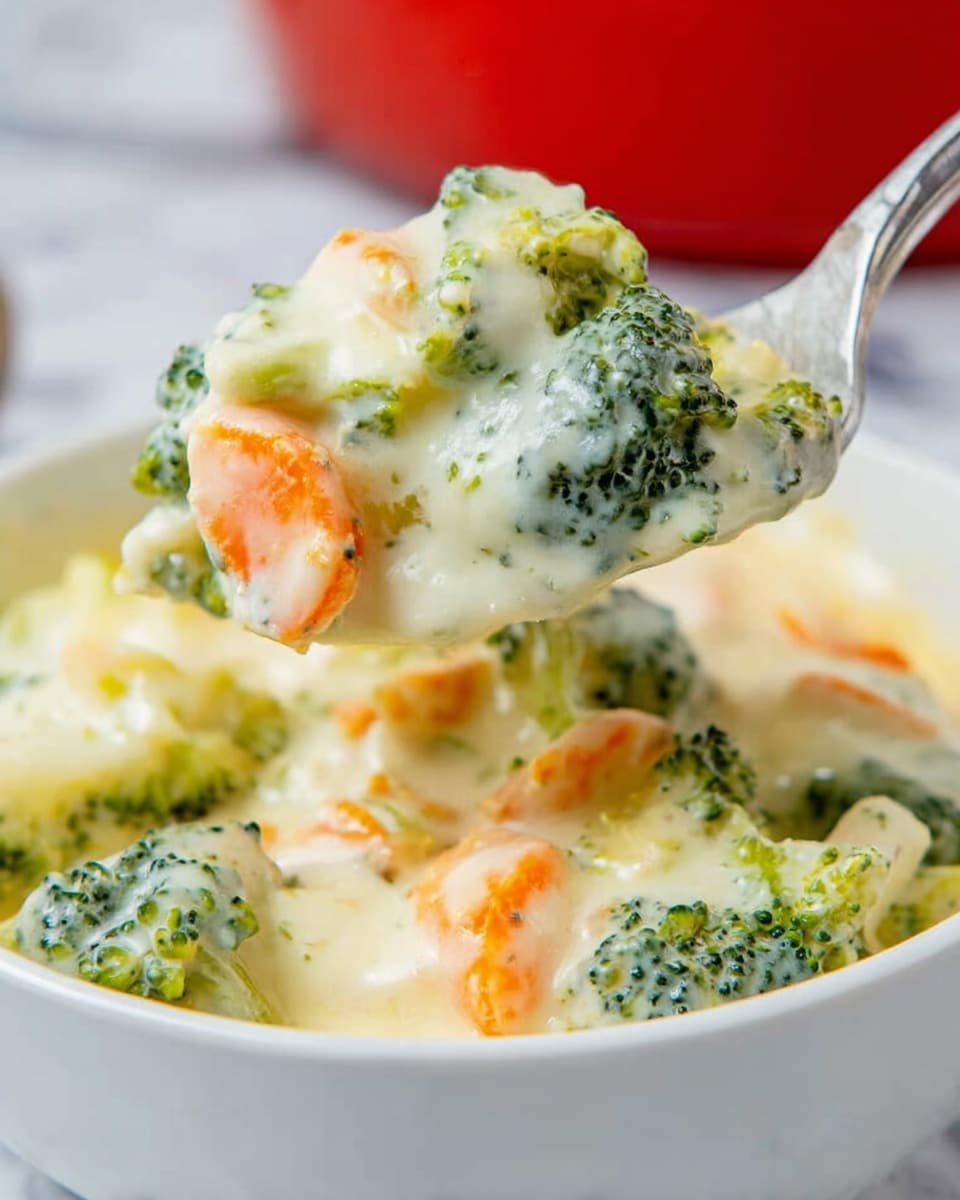 A close-up image showing a spoon lifting a creamy mixture of broccoli and orange carrots from a bowl filled with a thick, white cheese sauce. The bowl is white and sits on a white marbled surface. The broccoli pieces are small, bright green with a bumpy texture, and the carrot slices add vibrant streaks of orange. The cheese sauce looks smooth, shiny, and slightly runny, coating the vegetables well. The background has a soft focus with a hint of a red object. Photo taken with an iphone --ar 4:5 --v 7