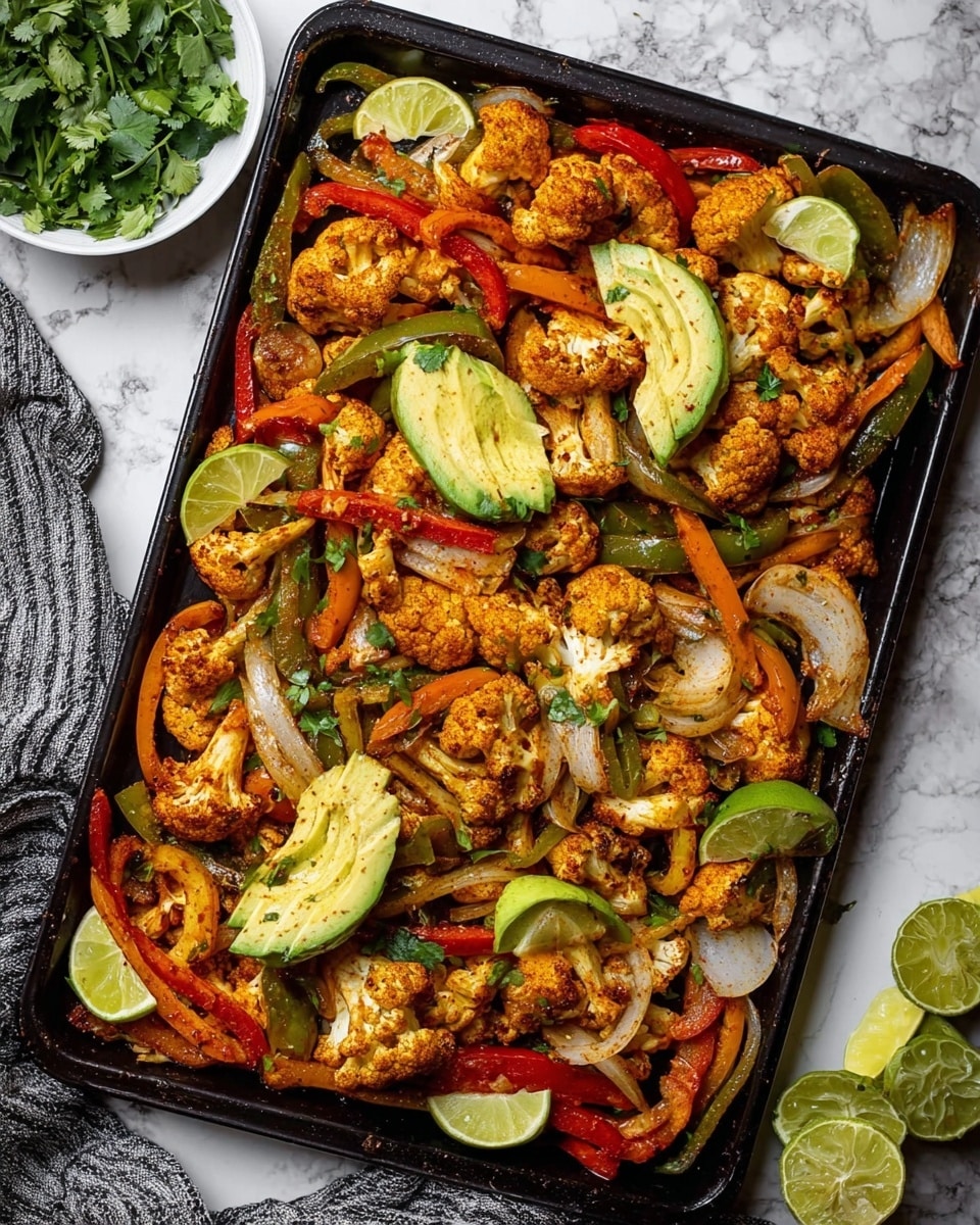 A black cooking tray filled with a colorful mix of cooked vegetables, mainly large pieces of roasted light brown cauliflower, and thin strips of red, green, and orange bell peppers layered with soft white onion slices, all spiced with a reddish seasoning. There are slices of green avocado scattered on top alongside halved lime pieces and small green cilantro leaves spread across the dish. The tray rests on a white marbled surface with a white bowl of fresh cilantro and lime halves visible on the side, adding freshness to the scene. photo taken with an iphone --ar 4:5 --v 7