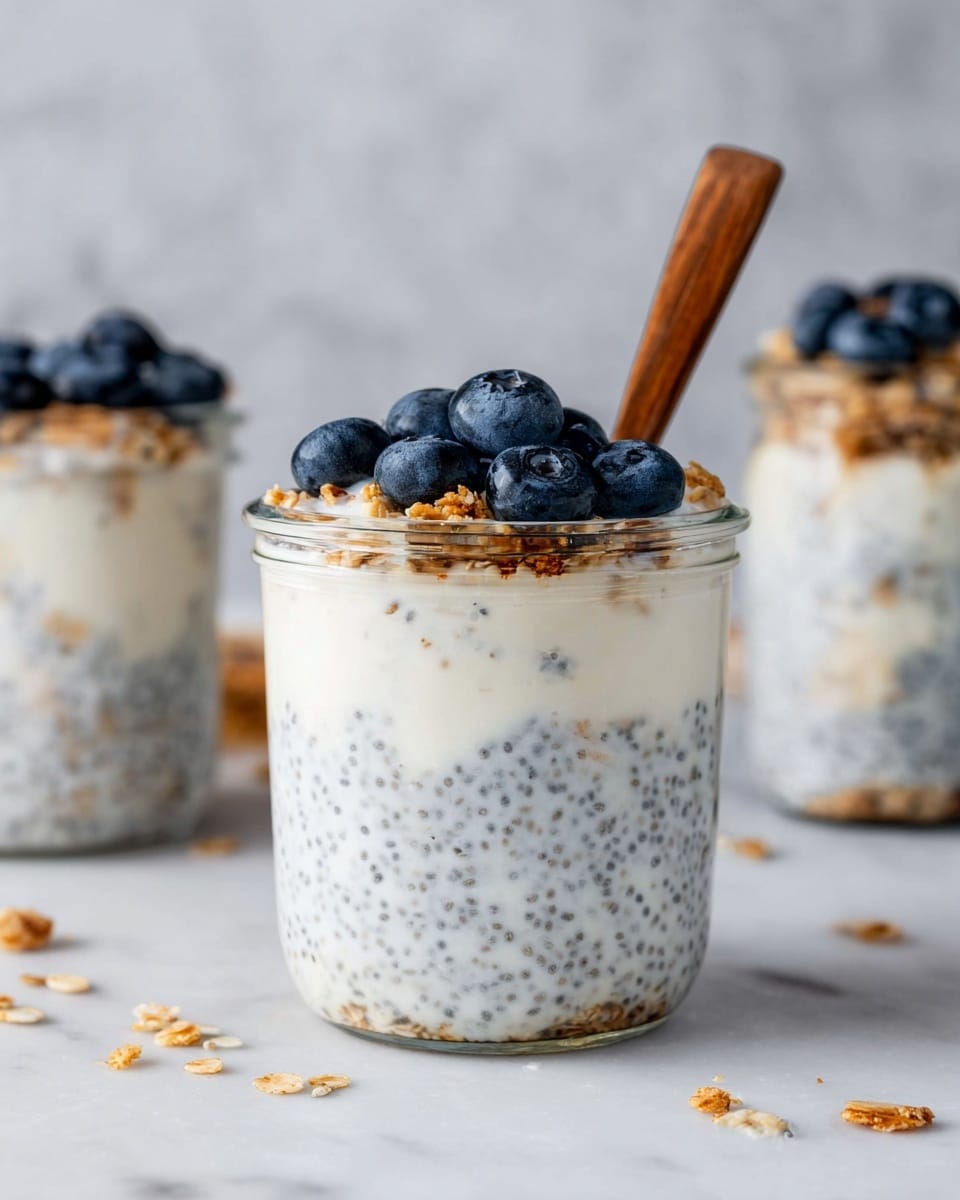 A clear glass jar filled with three layers: the bottom and middle layers are creamy white with small black chia seeds and bits of granola mixed in, giving a slightly speckled texture; the top layer is white yogurt topped with several fresh dark blue blueberries. A brown wooden spoon stands inside the jar, rising above the blueberries. Some granola pieces are scattered on the white marbled surface around the jar, with two more similar jars partially visible in the background. photo taken with an iphone --ar 4:5 --v 7
