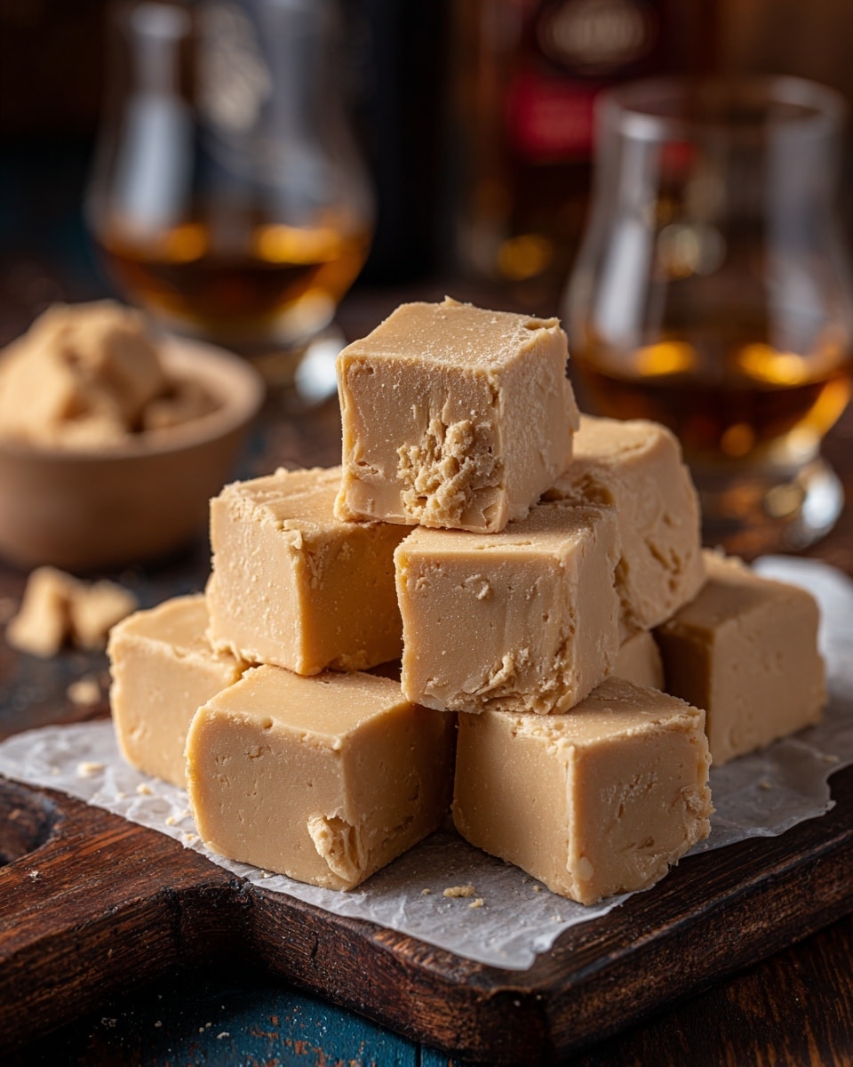 A close-up of nine thick, pale beige fudge cubes stacked in a pyramid shape on a piece of parchment paper on a dark wooden board. The fudge has a smooth, creamy texture with some small cracks and rough edges. In the background, there are two glasses filled with amber liquid and a small bowl with more fudge pieces. The setting has a warm, cozy feel with a white marbled texture under the board. photo taken with an iphone --ar 4:5 --v 7