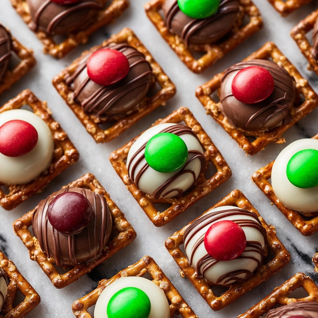 A close-up image shows a grid of small square pretzels laid on a white marbled surface, each topped with two types of chocolate and candy layers. On half of the pretzels, there is a white chocolate piece with brown stripes placed in the center, topped with a red or green candy. On the other half, a milk chocolate round sits on the pretzel with a red or green candy pressed in the middle. The pretzels are golden brown and have a rough, crunchy texture visible under the smooth, glossy chocolates and shiny candies. The colors alternate in neat rows, creating a bright and inviting pattern. Photo taken with an iphone --ar 4:5 --v 7