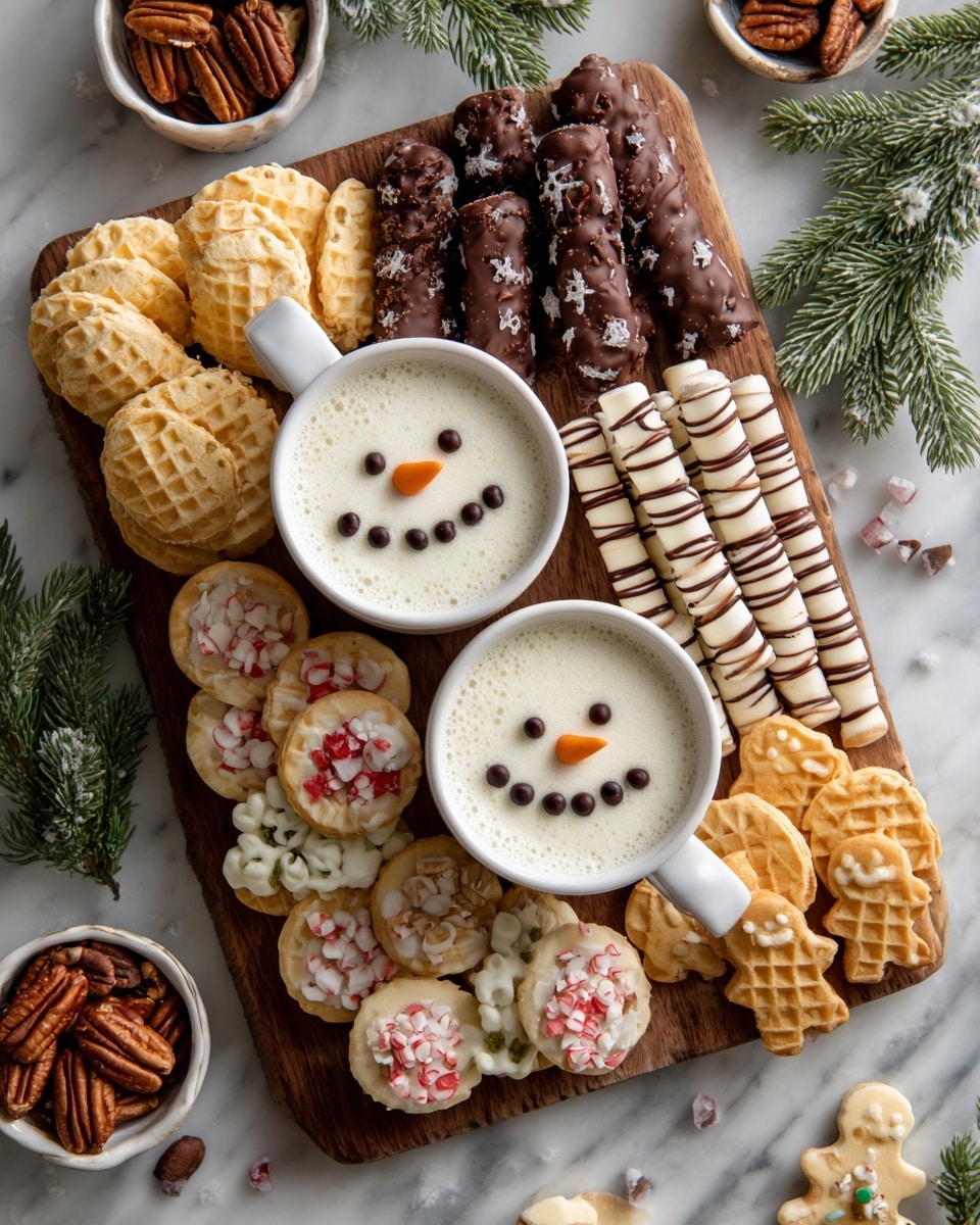 The image shows a close-up of a white platter filled with various holiday treats layered closely together. The front layer has light brown waffle cookies and clusters of toasted pecans with a rich brown color. Behind them are white marshmallows decorated as snowmen faces with black dots for eyes and mouths and orange noses. Next, there are clusters of white peppermint bark with red specks and a drizzle of white icing, along with light brown biscotti slices lined up vertically. Sprigs of green pine add a festive touch on the right side. A white cup filled with a dark hot drink is visible on the left edge, all set on a white marbled surface. photo taken with an iphone --ar 4:5 --v 7