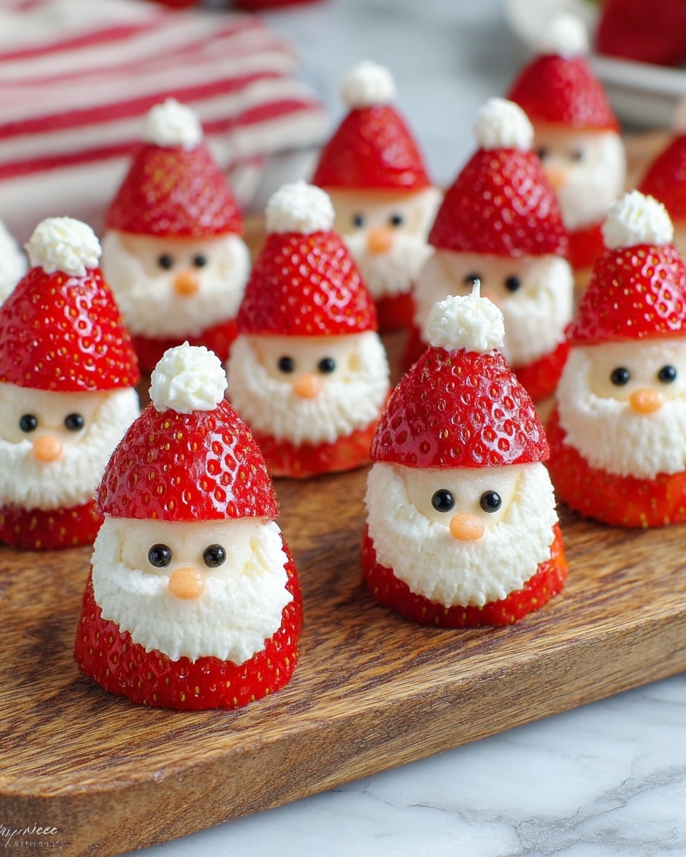 The image shows small Santa Claus shaped treats arranged on a wooden board, placed on a white marbled surface. Each treat has three clear layers: the bottom is a bright red strawberry base, the middle is a thick, white creamy layer shaped to look like a beard and face, decorated with tiny black dots for eyes and a small red dot for the nose and mouth, and the top is a strawberry cap with a small dollop of white cream on the tip to resemble a Santa hat. The texture of the strawberries is smooth and shiny with seeds visible, while the cream is soft and fluffy. The treats are placed in neat rows, creating a festive and charming display. Photo taken with an iphone --ar 4:5 --v 7