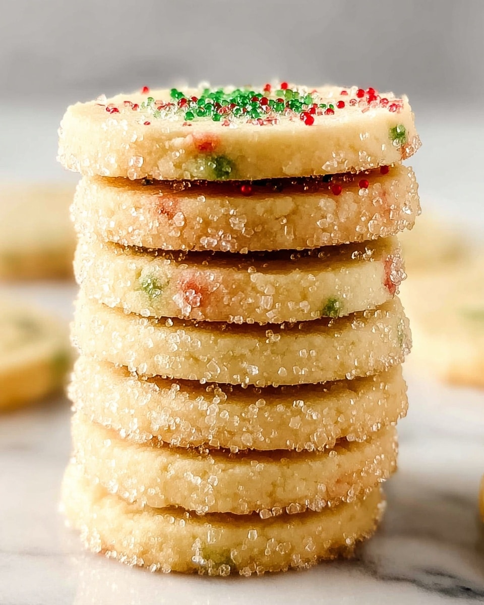 A stack of seven round sugar cookies with a light golden color is shown, each cookie sprinkled with large sugar crystals that give a rough texture around the edges. The top cookie has tiny red and green sugar decorations, adding bright spots of color. The cookies are thick and look soft with smooth tops, stacked neatly against a blurred white marbled surface in the background. Photo taken with an iphone --ar 4:5 --v 7