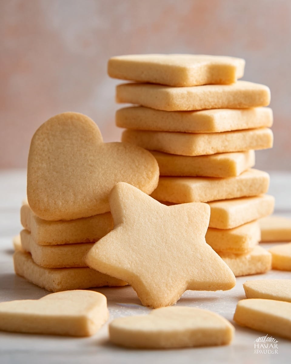 A group of plain, light golden sugar cookies shaped like stars, hearts, and squares is stacked neatly on a white marble surface. The star-shaped cookies form a small, slightly uneven tower in the center, while square cookies are piled in the background, and heart-shaped cookies lie flat in the front. The cookies have a smooth texture with slightly rounded edges and a soft matte finish. The background is soft and blurry with warm tones blending into the white marbled surface, creating a calm and cozy feel. Photo taken with an iphone --ar 4:5 --v 7