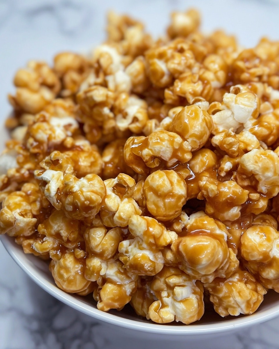 A close-up view of a white bowl filled with golden caramel popcorn, each piece shiny and coated in a rich caramel glaze. The popcorn appears light and crunchy, with a mix of round and irregular shapes, tightly packed in the bowl. The background shows a white marbled texture softly blurred to keep the focus on the caramel popcorn. Photo taken with an iphone --ar 4:5 --v 7