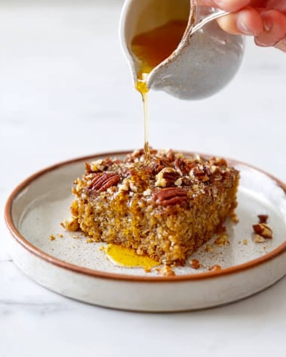 A single square piece of a baked dessert with a golden brown color sits on a white plate with a thin brown rim. The dessert has a crumbly, slightly rough texture with visible nuts or small bits mixed inside. On top, there is a sprinkle of pecans or nuts adding a darker brown color and a rough texture. A woman's hand is pouring a golden syrup over the dessert, which shines and drips down the sides. The plate sits on a white marbled surface, creating a clean and bright background. photo taken with an iphone --ar 4:5 --v 7