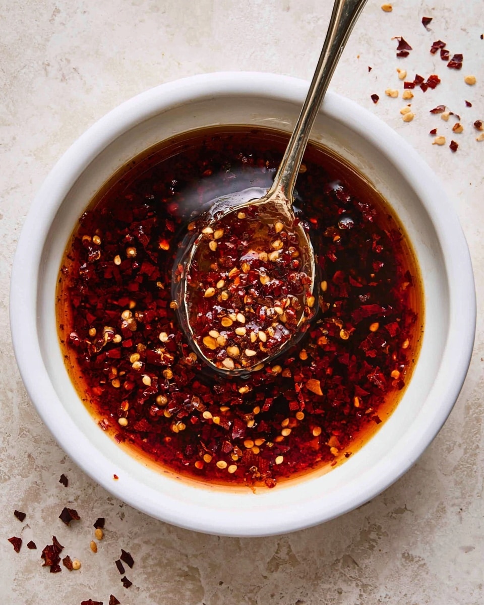 A white bowl filled with deep red chili oil mixed with red chili flakes and seeds floating throughout. A spoon rests inside the bowl, scooping up some of the chili oil and flakes, showing their oily, textured surface. The bowl is placed on a white marbled textured surface with a few scattered chili flakes around it. The overall look is shiny and richly colored with tiny bits of chili clearly visible in the oil. photo taken with an iphone --ar 4:5 --v 7