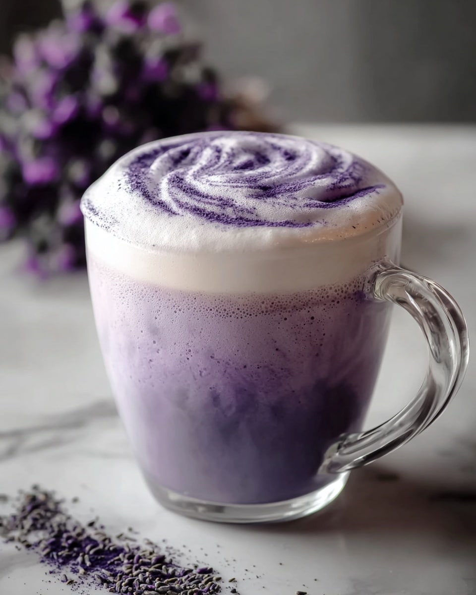 A clear glass cup filled with a smooth, light purple drink, topped with a thick layer of white foam that has a soft texture. On the foam’s surface, there is a sprinkling of dark purple powder arranged in a swirling pattern. The cup has a shiny, silver handle and sits on a white marbled surface. Some scattered dark purple powder and a small bunch of purple flowers are blurred in the background. photo taken with an iphone --ar 4:5 --v 7