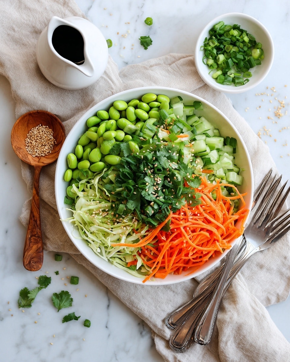 A large white bowl filled with a fresh, colorful salad showing many small layers: the base has shredded light green cabbage, thin orange carrot sticks, chopped light green cucumber pieces, and fresh dark green cilantro leaves. Scattered all over are whole bright green edamame beans and sprinkled white sesame seeds adding texture. The bowl is placed on a light beige cloth with a white marbled surface underneath, accompanied by small bowls of sesame seeds and chopped green onions nearby, and a silver fork in the foreground. photo taken with an iphone --ar 4:5 --v 7