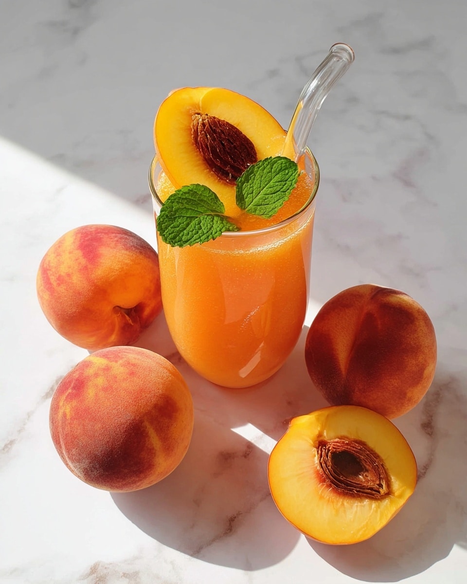 A clear glass cup filled with light orange peach drink, garnished with a bright yellow peach slice floating on top and two fresh green mint leaves, with a transparent straw inserted on the left side; the cup sits surrounded by four whole ripe peaches—two whole, one cut in half showing its dark brown pit, and one peach slice; all are placed on a white marbled surface with soft shadows casting across. photo taken with an iphone --ar 4:5 --v 7