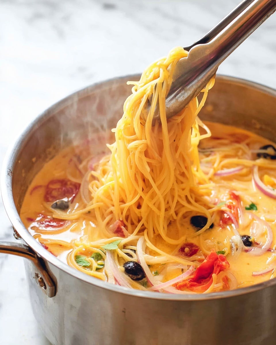 A pot filled with creamy orange sauce pasta with thin yellow spaghetti noodles lifted by metal tongs, mixed with thinly sliced white onions, small red tomato pieces, black olives, and small green herbs floating in the sauce; the pot is metallic and set on a white marbled surface, with steam rising slightly from the warm dish, photo taken with an iphone --ar 4:5 --v 7