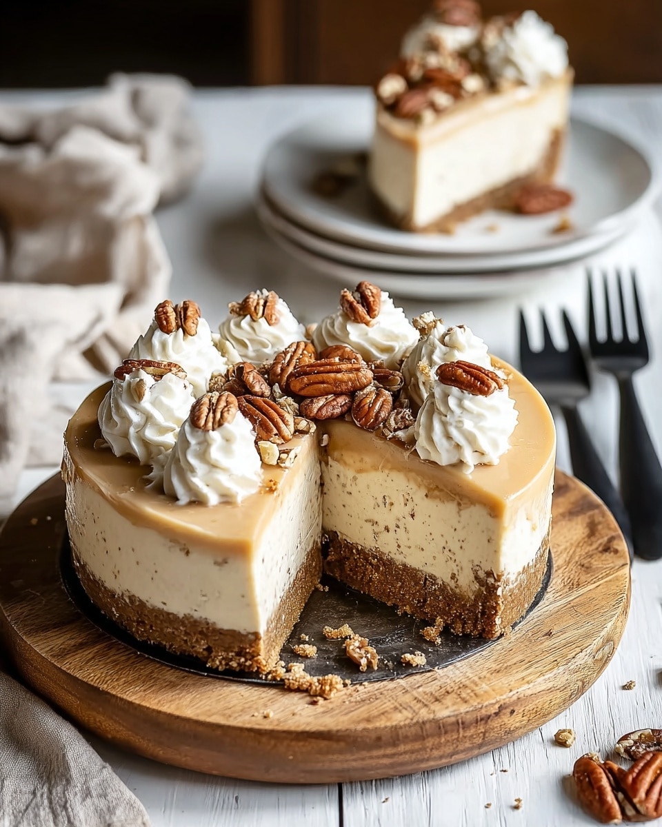 The image shows a small round cheesecake on a wooden board with a slice removed, revealing three layers: a crumbly brown crust at the bottom, a thick creamy off-white cream cheese middle layer with some specks, and a smooth light caramel-colored top layer. On top, there are white whipped cream dollops scattered with whole and chopped glossy pecans. In the background, a similar cheesecake sits on a white plate on a white marbled surface, with two black forks nearby. The setting has a cozy, rustic feel with soft natural light. Photo taken with an iphone --ar 4:5 --v 7