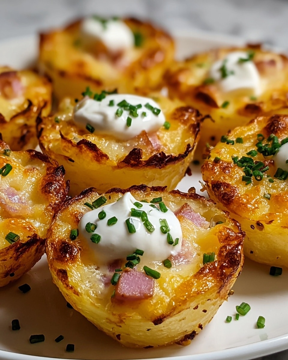 The image shows several mini potato cups arranged closely on a white plate, each with three visible layers. The base layer is a light golden-yellow, crispy potato shell. The middle layer consists of small bits of pink ham mixed into melted, lightly browned cheese that covers the potato base. The top layer is a dollop of creamy white sour cream placed in the center of the potato cups, sprinkled with finely chopped green chives. The potato cups have golden-brown edges with some darker caramelized spots, giving a textured look. The white plate rests on a white marbled surface. photo taken with an iphone --ar 4:5 --v 7