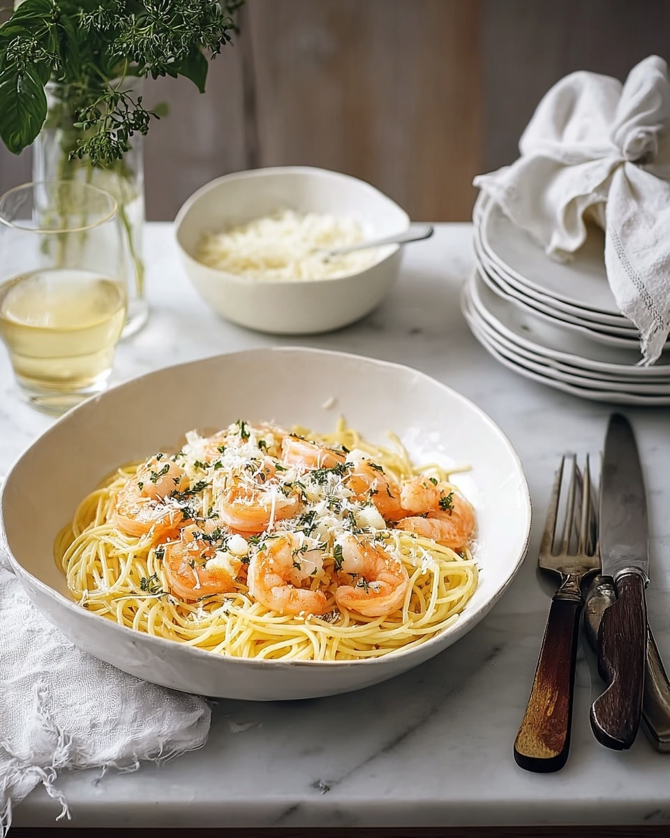 A white bowl filled with a single layer of cooked yellow spaghetti noodles topped evenly with orange shrimp scattered around, sprinkled with white grated cheese and small green herb pieces. Behind the bowl on a white marbled surface, there is a smaller white bowl filled with more white grated cheese, a clear glass of light yellow liquid, and a clear glass vase with green leafy herbs. To the right, a stack of white plates with silver cutlery wrapped in a white napkin rests next to two knives with dark wooden handles. The scene is softly lit with natural light. photo taken with an iphone --ar 4:5 --v 7