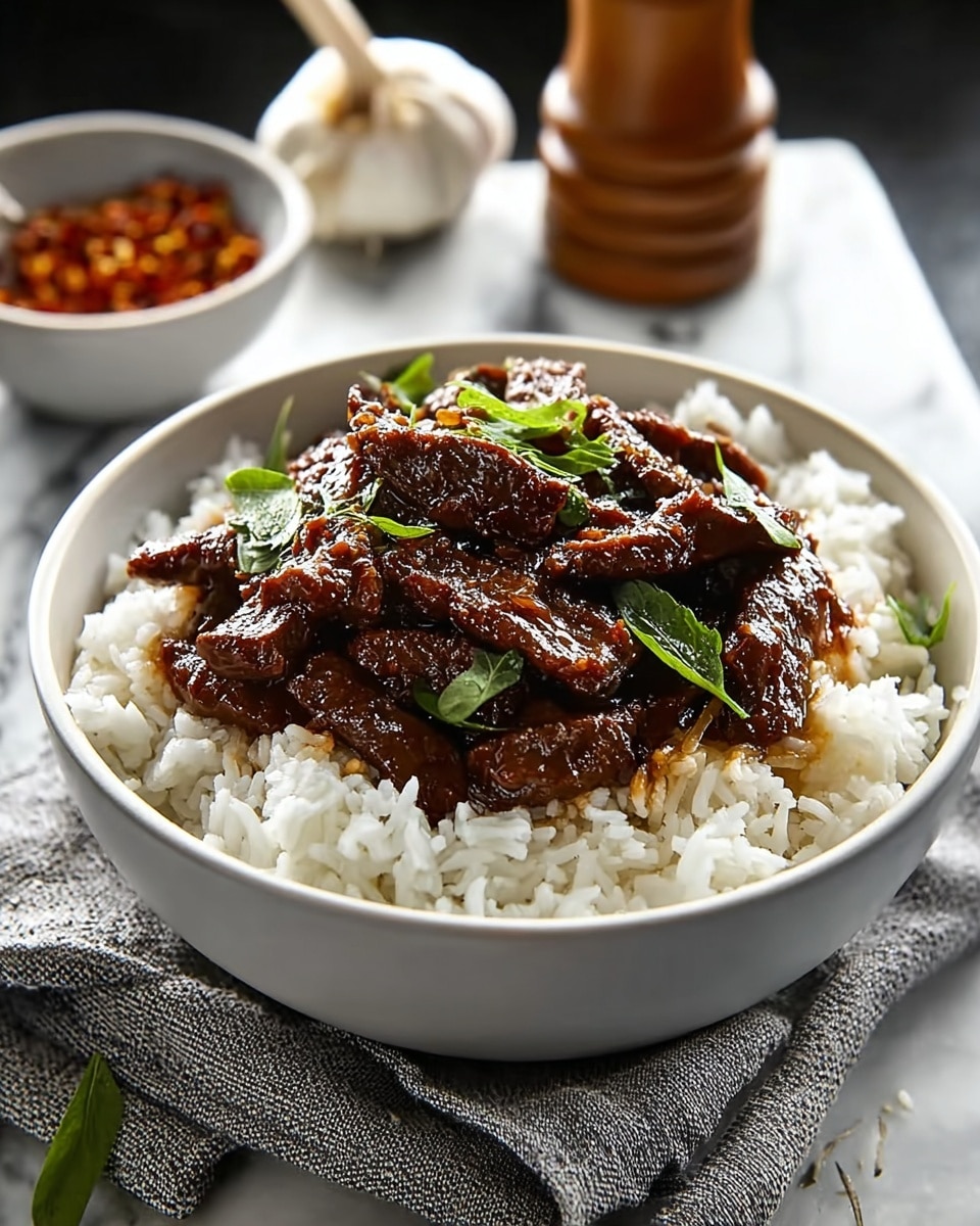 A white bowl filled with a bottom layer of fluffy white rice topped by a thick layer of dark brown glossy beef strips coated in sauce, garnished with fresh green herbs scattered on top. The bowl sits on a textured gray cloth on a white marbled surface, with a blurred background showing a small white bowl of red spice, garlic bulb, and a wooden pepper grinder. The lighting highlights the shine on the beef sauce and the softness of the rice. Photo taken with an iphone --ar 4:5 --v 7
