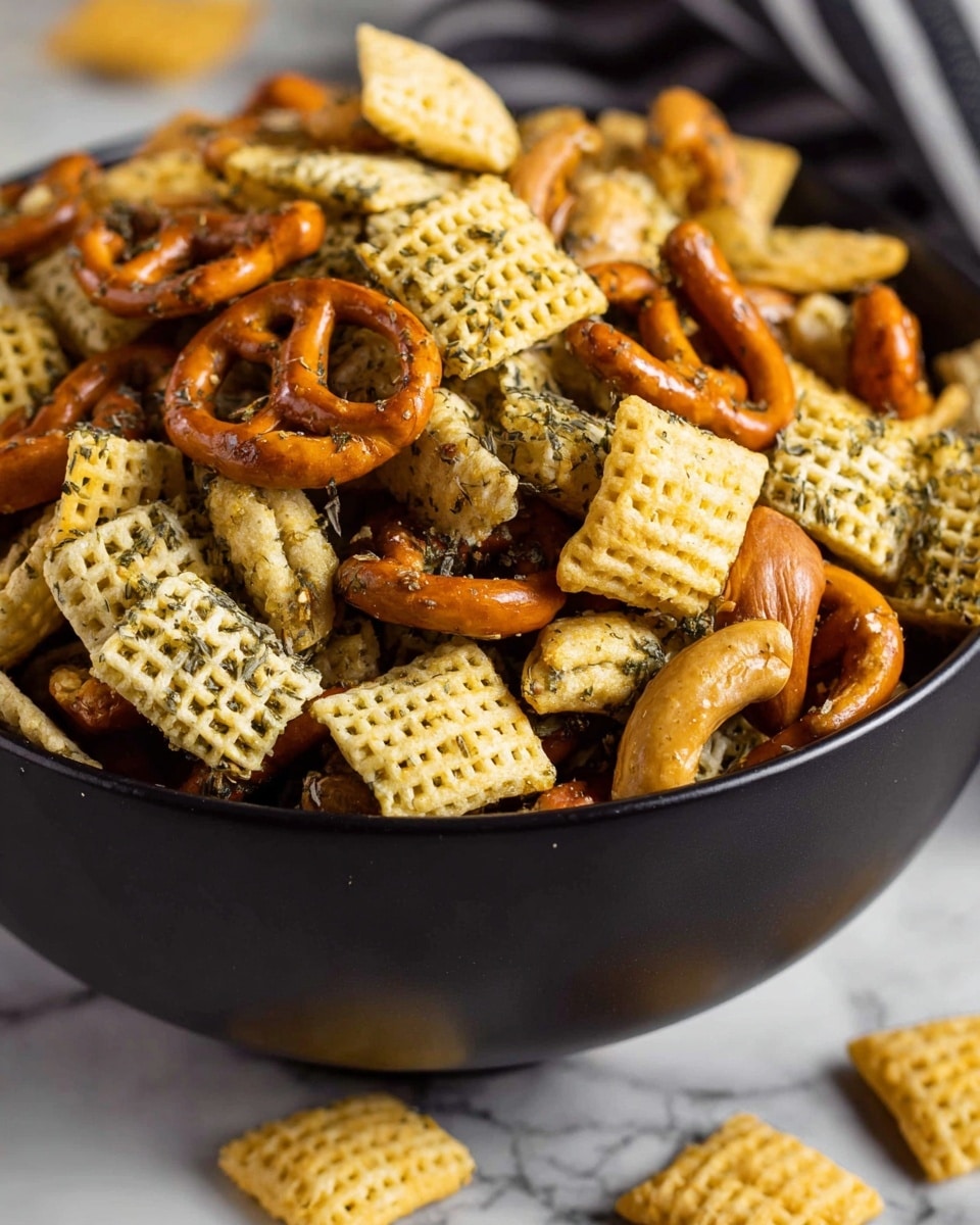 A close-up view of a black bowl filled with a snack mix featuring several layers: the top layer has light yellow, square-shaped cereal pieces with a waffle pattern, sprinkled with green herb flakes; mixed throughout are orange-brown small pretzels with a smooth texture, light brown curved cashew nuts, and some darker, crunchy-looking chips beneath the cereal pieces. The bowl sits on a white marbled surface, and a few pieces of the snack are scattered outside the bowl. Photo taken with an iphone --ar 4:5 --v 7
